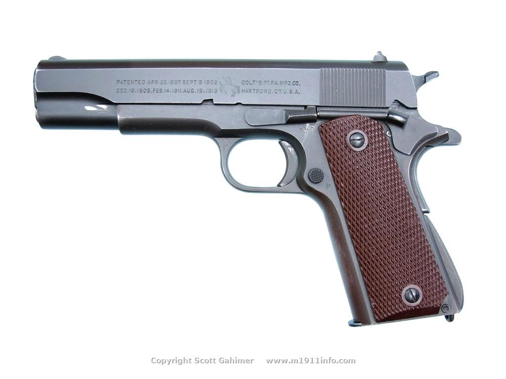 1943 Colt M1911A1 anomaly lacking left-side finger clearance cutout.